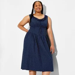 Women's Button-Front Lace Midi Dress - Wild Fable™ Navy Blue Polka Dots XXL