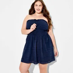 Women's Mini Eyelet Tie-Front Tube Empire Waist Dress - Wild Fable™ Navy Blue XXL