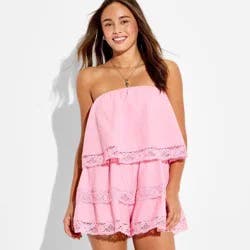 Women's Pull-On Lace Trim Tube Romper - Wild Fable™ Pink L