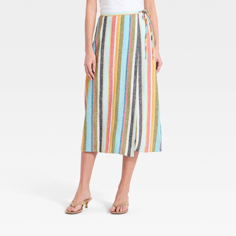slide 1 of 3, Women's Linen Midi Wrap Skirt - A New Day™ Cream Striped M, 1 ct