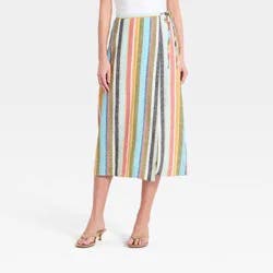 Women's Linen Midi Wrap Skirt - A New Day™ Cream Striped L