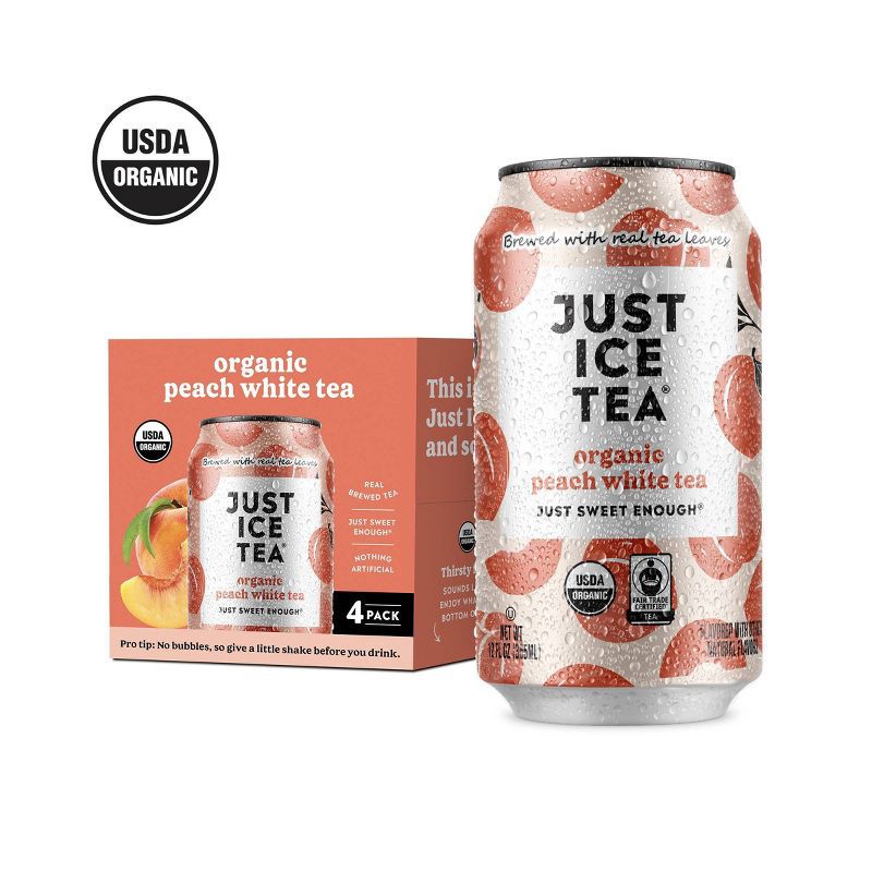 slide 1 of 6, JUST ICE TEA Peach White Tea - 4pk/12 fl oz Cans, 4 ct; 12 fl oz