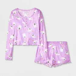 Girls' 2pc Grayson Threads Kids Halloween Ghost Long Sleeve Pointelle Pajama Set - Purple L
