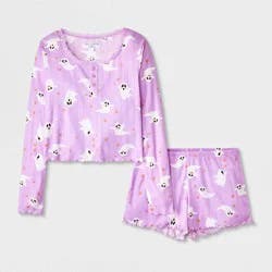 Girls' 2pc Grayson Threads Kids Halloween Ghost Long Sleeve Pointelle Pajama Set - Purple L