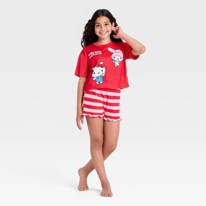 slide 1 of 4, Girls' 2pc Hello Kitty and Friends T-Shirt and Shorts Pajama Set - Red M, 2 ct