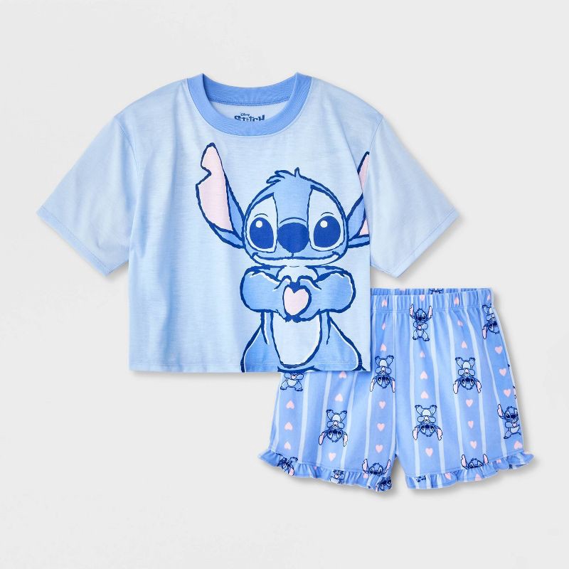 slide 1 of 4, Lilo & Stitch Girls' 2pc Lilo & Stich T-Shirt and Shorts Pajama Set - Blue S, 2 ct