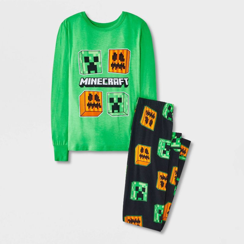 slide 1 of 4, Boys' 2pc Halloween Minecraft Tight Fit Long Sleeve Pajama Set - Green 10, 2 ct