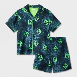 Boys' 2pc Minecraft Button-Down Pajama Set - Blue/Green S