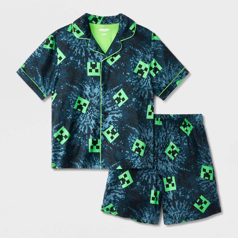 slide 1 of 4, Boys' 2pc Minecraft Button-Down Pajama Set - Blue/Green M, 2 ct