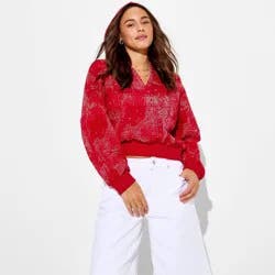 Women's Split Neck French Terry Pullover Sweatshirt - Wild Fable™ Red Paisley M
