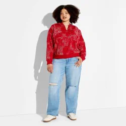 Women's Split Neck French Terry Pullover Sweatshirt - Wild Fable™ Red Paisley XXL