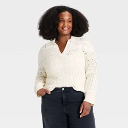 Women's Polo Collar Pullover Sweater - Ava & Viv™ Cream 1X