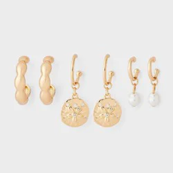 Sand Dollar Charm Hoop Earring 3pc Set - A New Day™ Gold/Clear
