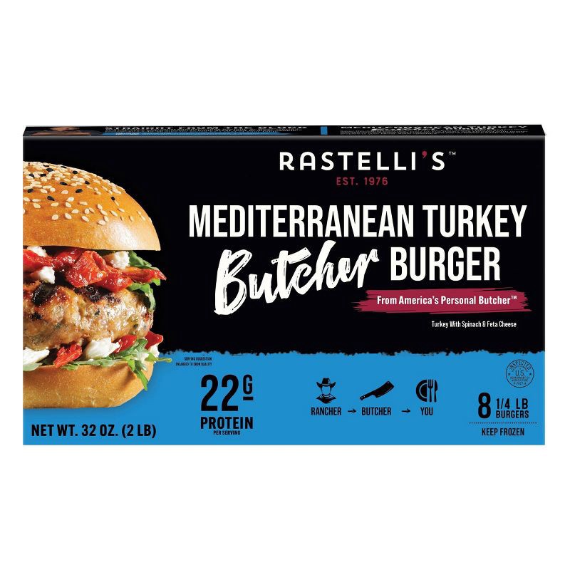slide 1 of 6, Rastelli's Est. 1976 Rastelli's Mediterranean Turkey Butcher Burger with Spinach and Feta - Frozen - 2lbs/6ct, 6 ct; 2 lb