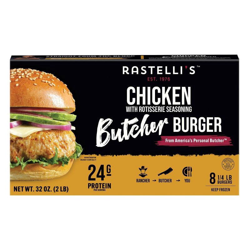 slide 1 of 6, Rastelli's Est. 1976 Rastelli's Rotisserie Chicken Butcher Burger - Frozen - 2lbs/6ct, 6 ct; 2 lb