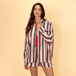 Solid & Striped Women's Striped Oversized Blousson Button Up Cover Up Shirt - Navy Blue/Red XS