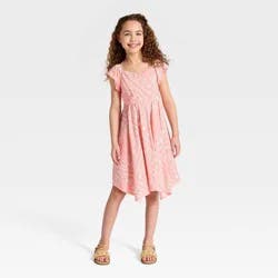 Girls' Short Sleeve Handkerchief Hem Bandana Printed Dress - Cat & Jack™ Coral L