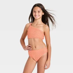 Girls' Textured One Shoulder Bikini Set - art class™Peach Orange L
