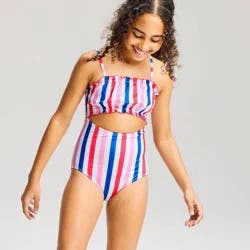 Girls' Tricolor Striped One Piece Swimsuit - Cat & Jack™ M