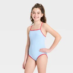 Girls' Rosette Ribbed One Piece Swimsuit - art class™ Blue/Red L