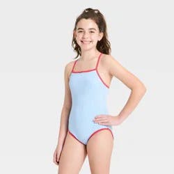 Girls' Rosette Ribbed One Piece Swimsuit - art class™ Blue/Red L
