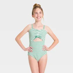 Girls' Crinkle Striped One Piece Swimsuit - art class™ Green L