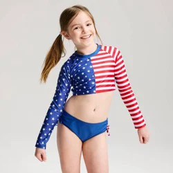 Girls' Star Spangled Long Sleeve Rash Guard Bikini Set - Cat & Jack™ Navy Blue XS