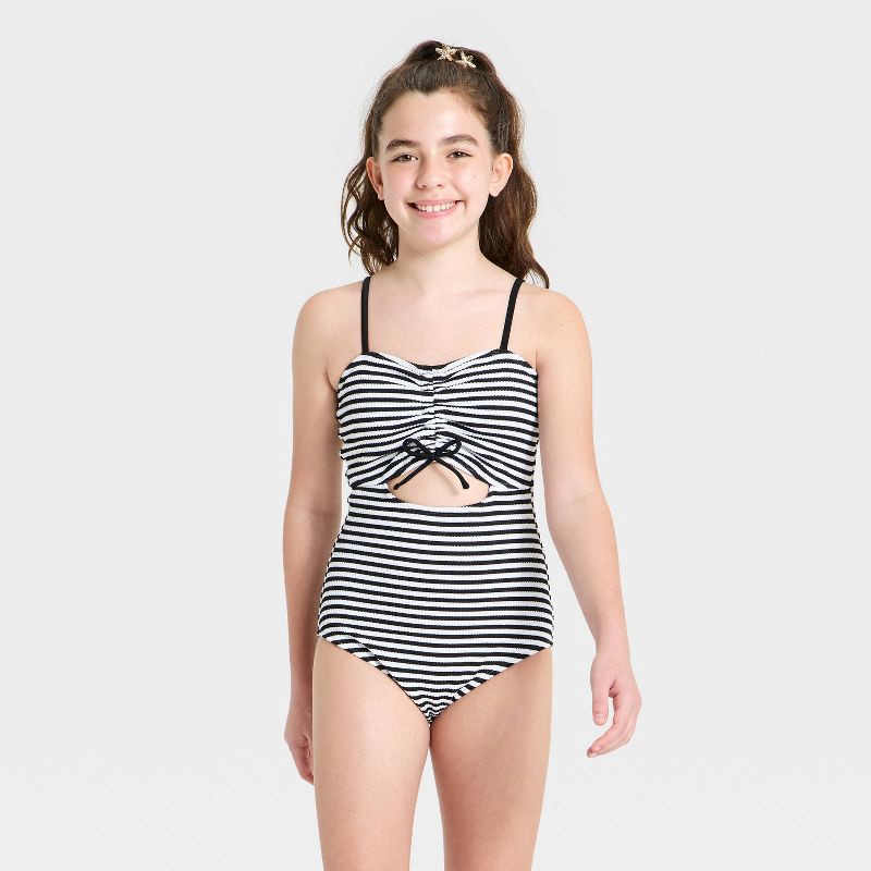 slide 1 of 3, Girls' Crinkle Striped One Piece Swimsuit - art class™ Black L, 1 ct