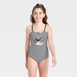 Girls' Crinkle Striped One Piece Swimsuit - art class™ Black L