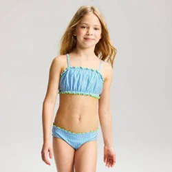 Girls' Seersucker Striped Bikini Set - Cat & Jack™ Azure Blue/Showy Green S