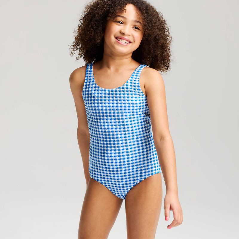 slide 1 of 3, Girls' Gingham Bow Back One Piece Swimsuit - Cat & Jack™ Blue XS, 1 ct