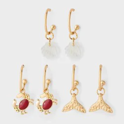 Crab Shell & Fish Charm Hoop Earring 3pc Set - Universal Thread™ Gold