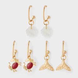 Crab Shell & Fish Charm Hoop Earring 3pc Set - Universal Thread™ Gold