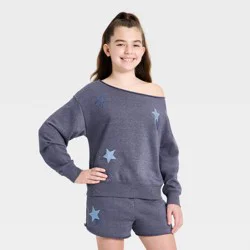 Girls' Off the Shoulder French Terry 4th of July 'stars' Graphic Sweatshirt - art class™ Navy Blue L