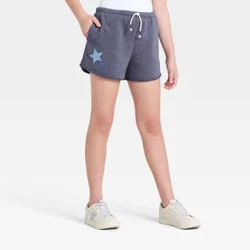 Girls' French Terry 4th Of July Stars Graphic Cut Off Dolphin Pull-On Shorts - art class™ Navy Blue M