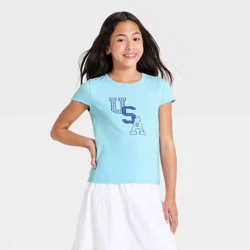 Girls' Embroidery Short Sleeve 4th Of July USA" Graphic Baby T-Shirt - art class™ Light Blue M"