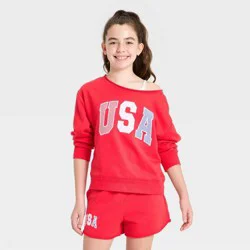 Girls' Off the Shoulder French Terry 4th of July "USA" Graphic Sweatshirt - art class™ Beach Pink (Red) L