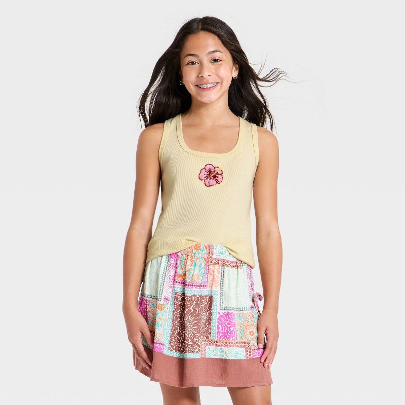 slide 1 of 4, Girls' Flower Beaded Ribbed Tank Top - art class™ Cream L, 1 ct