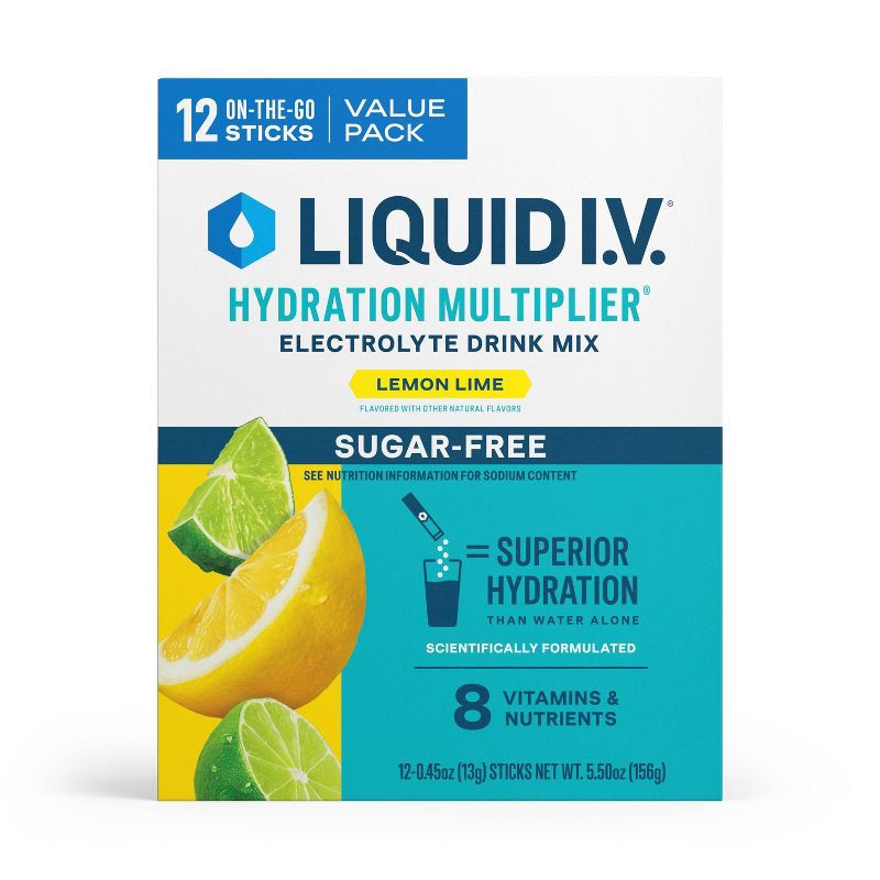slide 1 of 8, Liquid I.V. Sugar Free Hydration Multiplier Powder Electrolyte Drink Mix - Lemon Lime - 0.45oz/12ct, 0.45 oz, 12 ct