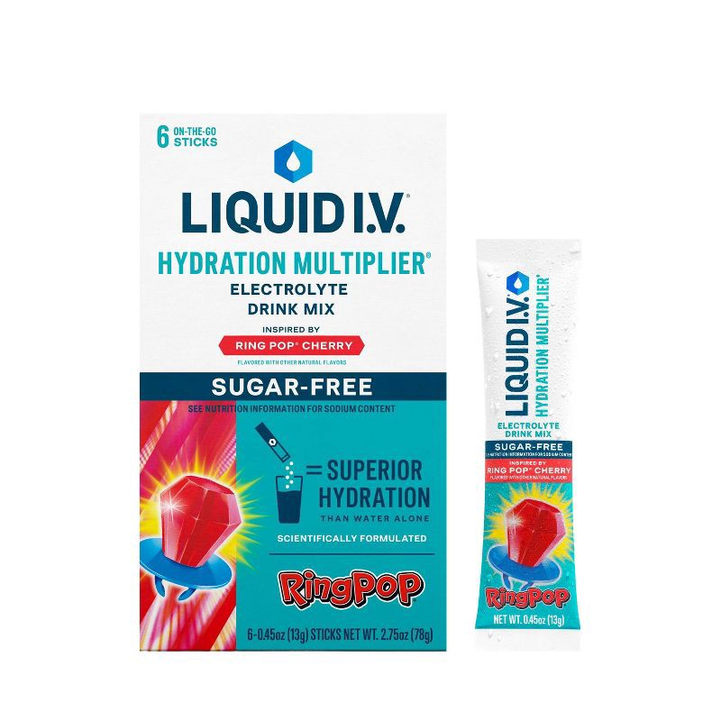 slide 1 of 9, Liquid I.V. Sugar Free Hydration Multiplier Powder Electrolyte Drink Mix - RingPop Cherry - 0.45oz/6ct, 0.45 oz, 6 ct