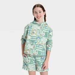 Sanrio Girls' Hello Kitty and Friends Patchwork Oversized Hooded Fleece Sweatshirt - Light Green L