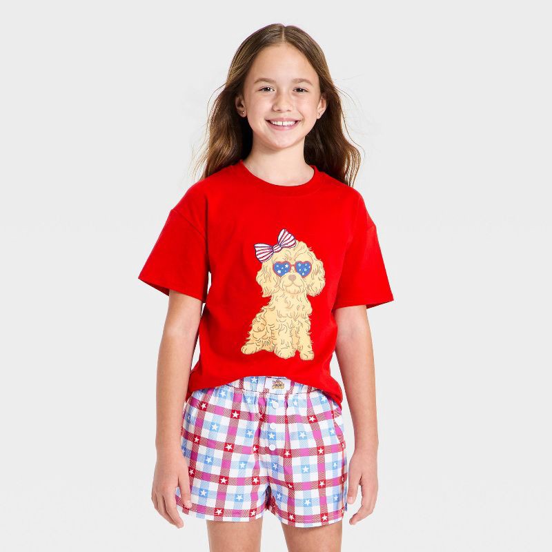 slide 1 of 4, L.O.L. Vintage Girls' 4th of July Dog with Glasses Oversized Short Sleeve Graphic T-Shirt - Red L, 1 ct