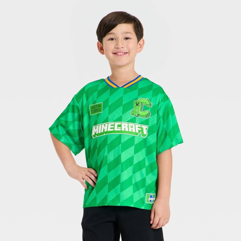 slide 1 of 4, Boys' Minecraft Creeper Short Sleeve Soccer Jersey - Green S, 1 ct