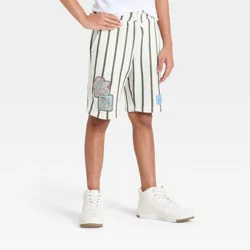 Boys' Minecraft Striped Shorts with Embroidery Patch - White/Olive Green XS