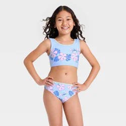 Lilo & Stitch Girls' Disney Lilo and Stitch 2pc Floral Printed Swim Set - Blue S