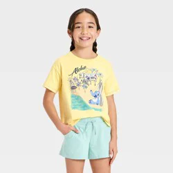 Lilo & Stitch Girls' Disney Lilo and Stitch "Aloha" Boxy Short Sleeve Graphic T-Shirt - Yellow XL