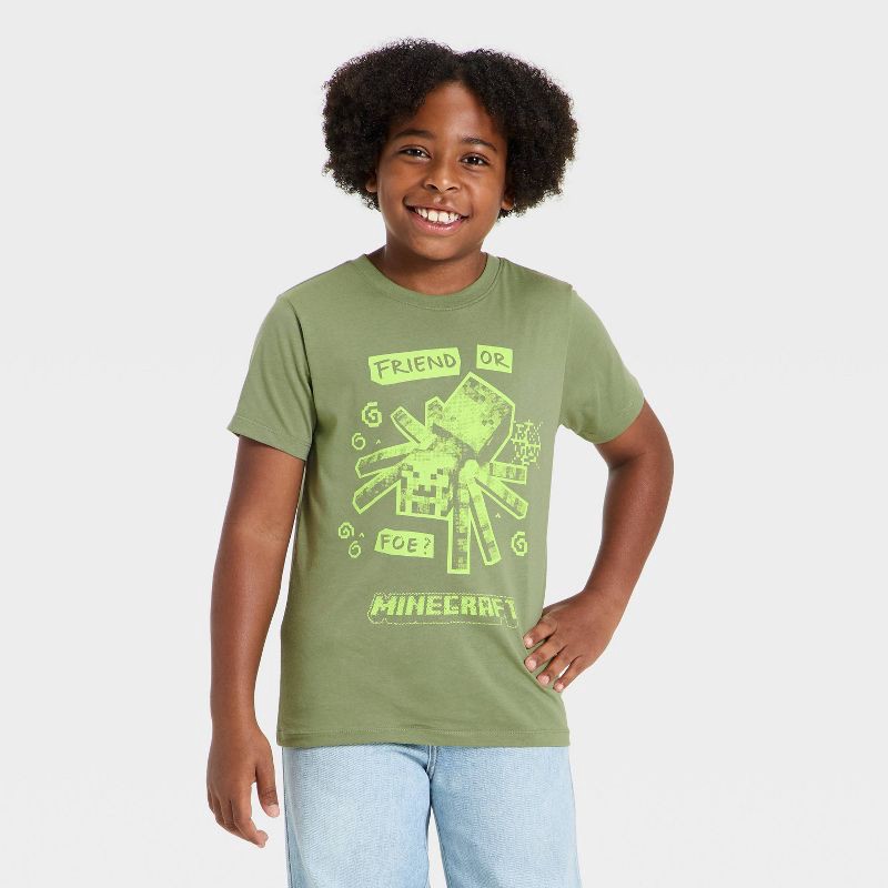 slide 1 of 4, Boys' Minecraft Spider Short Sleeve Graphic T-Shirt - Sage Green XS, 1 ct