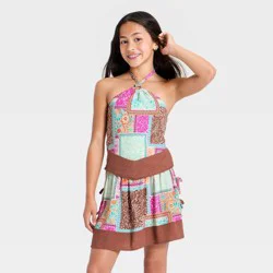 Girls' Woven Handkerchief Halter Top - art class™ Brown/Pink L
