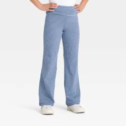 Girls' Striped Ribbed Foldover Waist Pull-On Pants - art class™ Blue/White M
