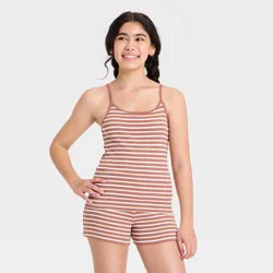 Girls' Striped Ribbed Tank Top - art class™ Brown/Yellow/White L